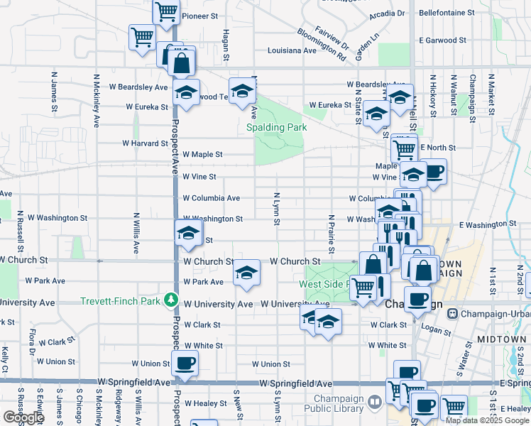 map of restaurants, bars, coffee shops, grocery stores, and more near 606 West Washington Street in Champaign