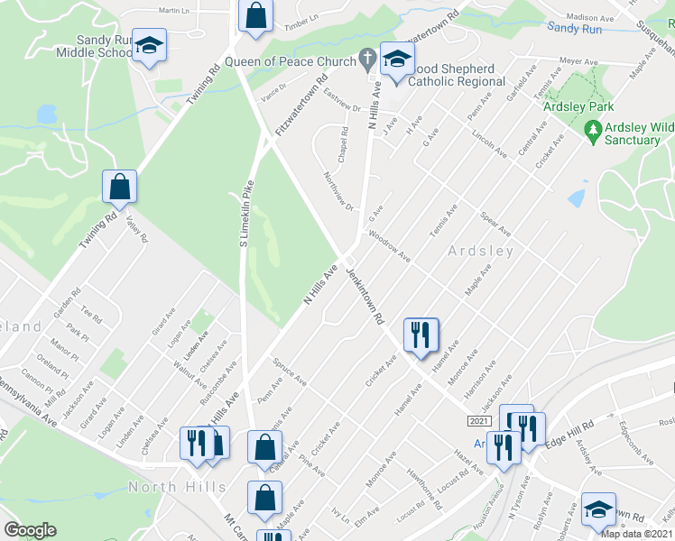 map of restaurants, bars, coffee shops, grocery stores, and more near 557 North Hills Avenue in Glenside