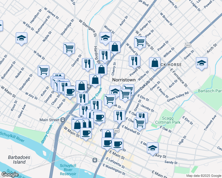 map of restaurants, bars, coffee shops, grocery stores, and more near in Norristown