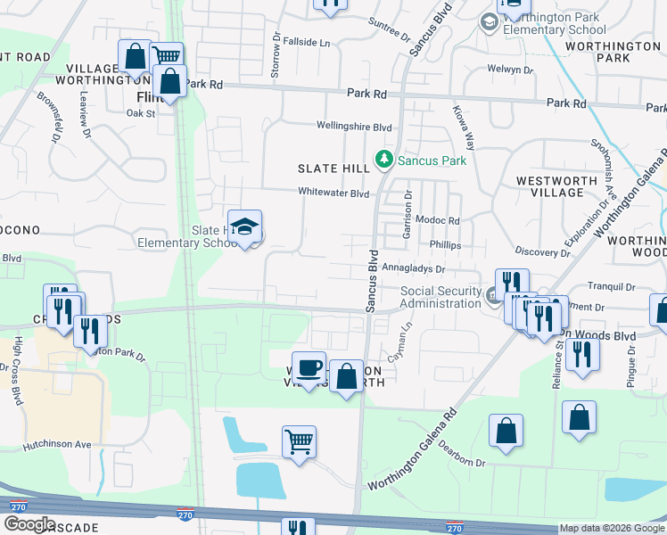 map of restaurants, bars, coffee shops, grocery stores, and more near 763 Timberway Drive in Columbus