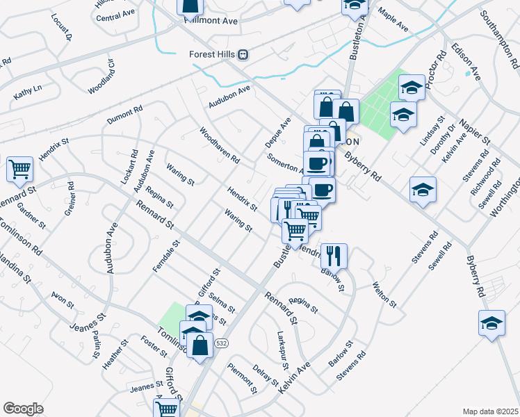 map of restaurants, bars, coffee shops, grocery stores, and more near 11713 Gifford Street in Philadelphia