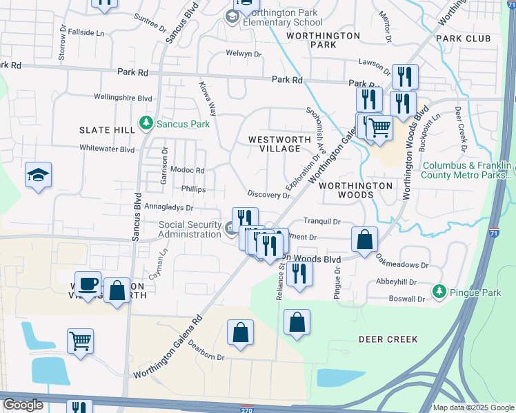 map of restaurants, bars, coffee shops, grocery stores, and more near 1086 Pacific Court in Worthington