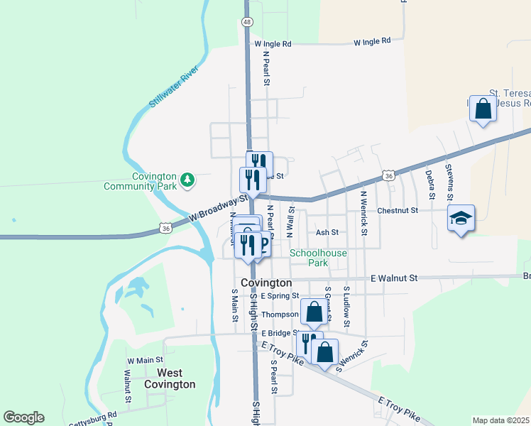 map of restaurants, bars, coffee shops, grocery stores, and more near 175 N Pearl St in Covington