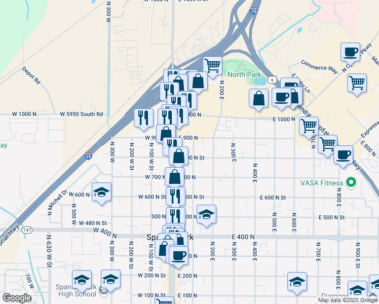 map of restaurants, bars, coffee shops, grocery stores, and more near 827 North 100 East in Spanish Fork