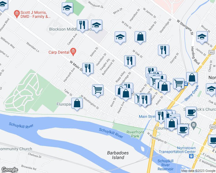 map of restaurants, bars, coffee shops, grocery stores, and more near 933 West Main Street in Norristown