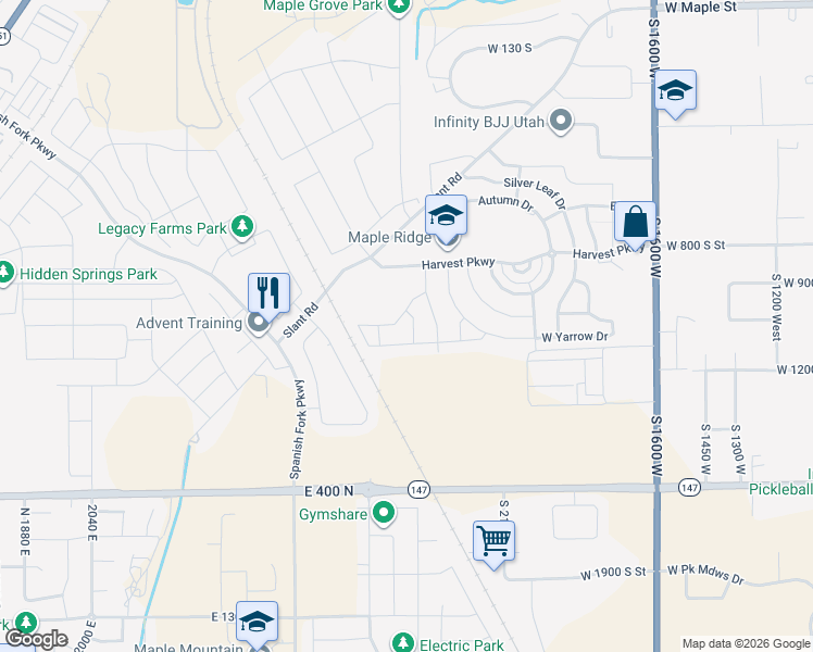 map of restaurants, bars, coffee shops, grocery stores, and more near 1058 Lilac Way in Mapleton