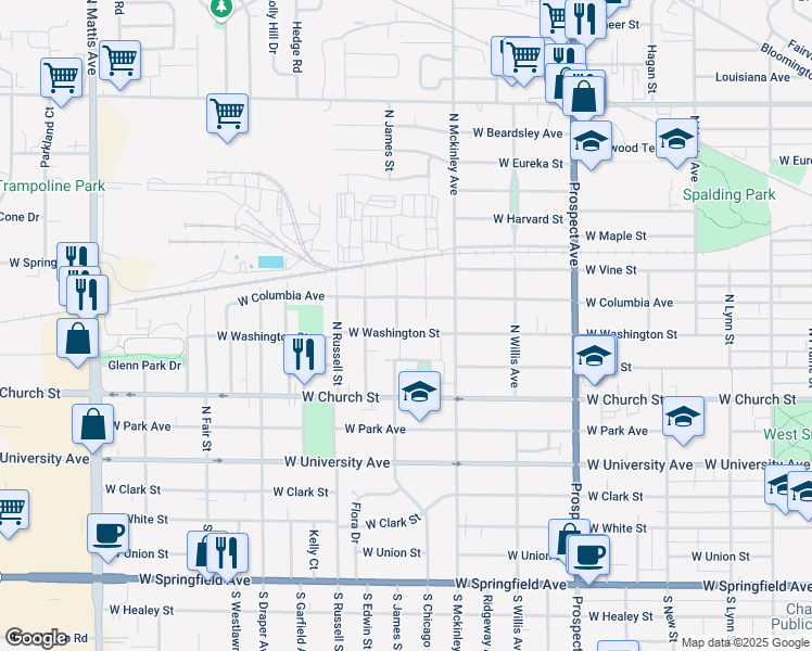 map of restaurants, bars, coffee shops, grocery stores, and more near 1118 West Washington Street in Champaign