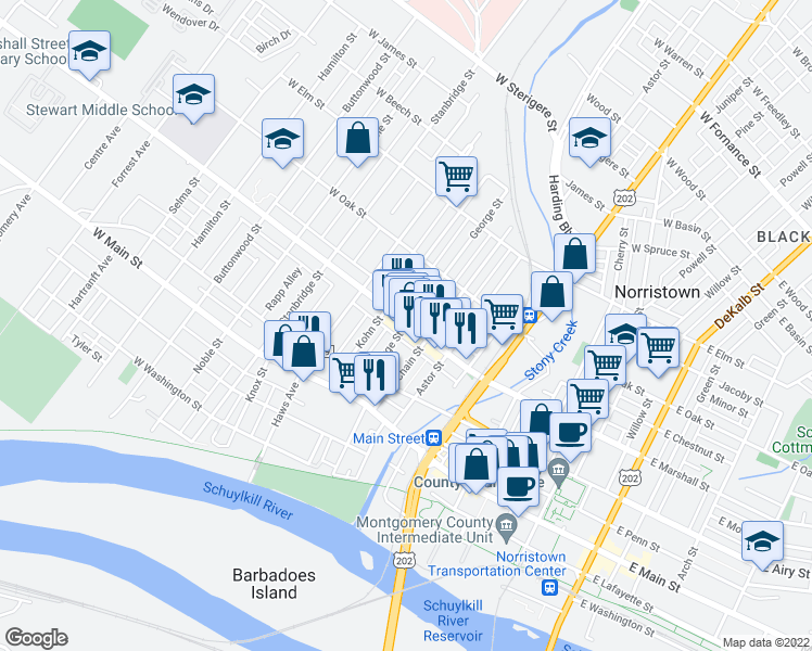 map of restaurants, bars, coffee shops, grocery stores, and more near 553 George Street in Norristown