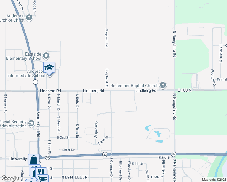 map of restaurants, bars, coffee shops, grocery stores, and more near 248 North Coventry Drive in Anderson