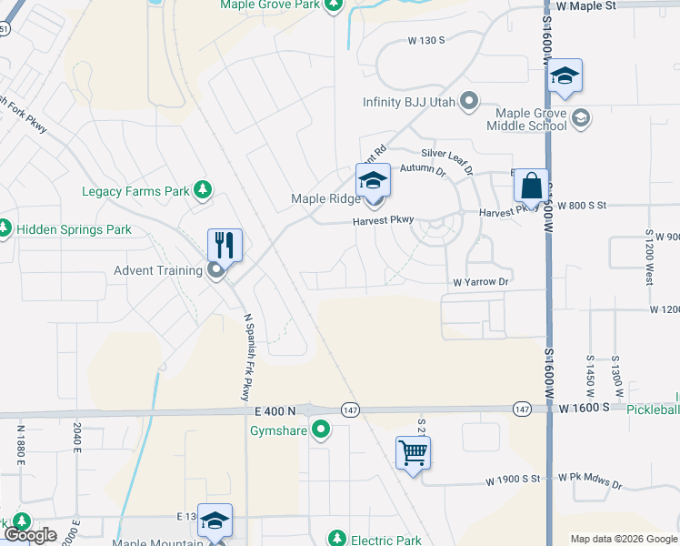 map of restaurants, bars, coffee shops, grocery stores, and more near 1044 Lilac Way in Mapleton