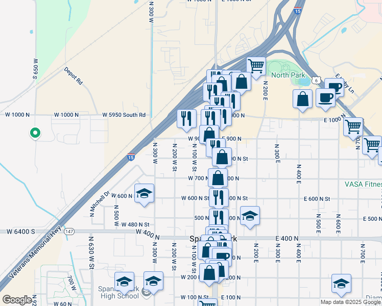 map of restaurants, bars, coffee shops, grocery stores, and more near 136 West 800 North in Spanish Fork