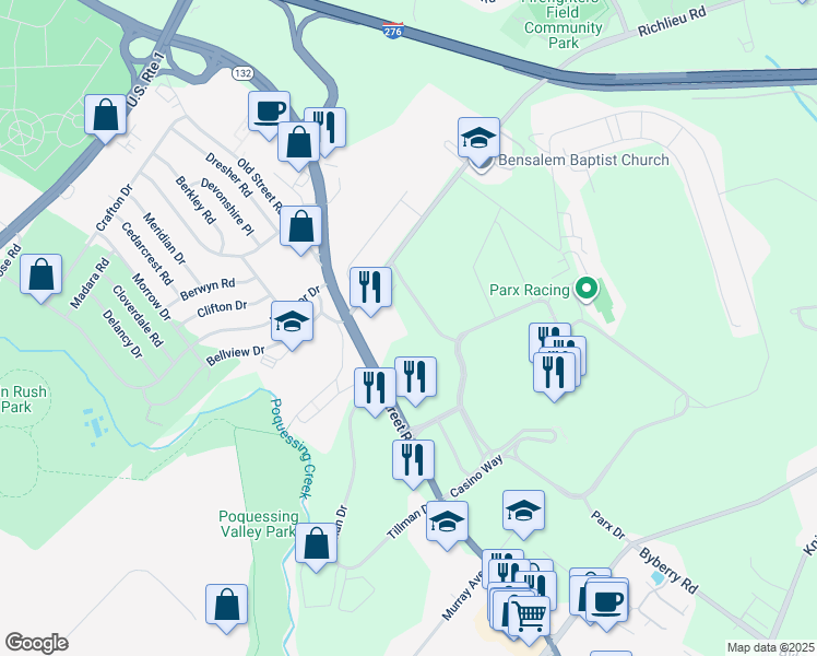 map of restaurants, bars, coffee shops, grocery stores, and more near 3331 Pennsylvania 132 in Bensalem
