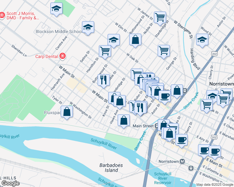 map of restaurants, bars, coffee shops, grocery stores, and more near 522 Wright Alley in Norristown