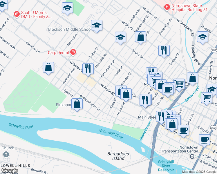 map of restaurants, bars, coffee shops, grocery stores, and more near 1003 West Main Street in Norristown