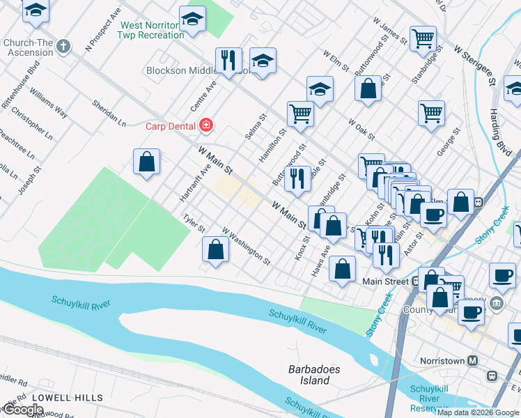 map of restaurants, bars, coffee shops, grocery stores, and more near 324 Buttonwood Street in Norristown
