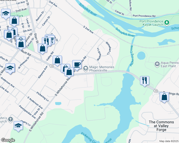 map of restaurants, bars, coffee shops, grocery stores, and more near 913 Valley Forge Road in Phoenixville