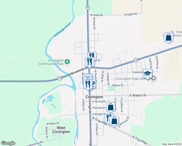 map of restaurants, bars, coffee shops, grocery stores, and more near 175 North Pearl Street in Covington