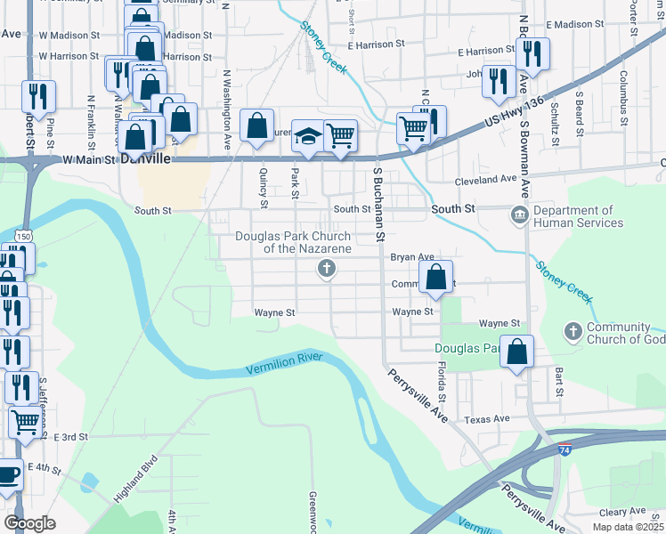 map of restaurants, bars, coffee shops, grocery stores, and more near 602 Bryan Avenue in Danville