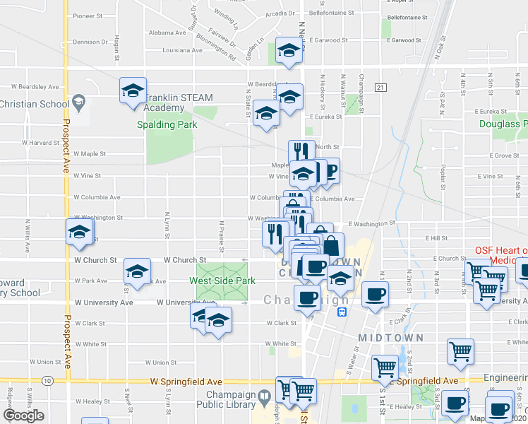 map of restaurants, bars, coffee shops, grocery stores, and more near 212 West Washington Street in Champaign