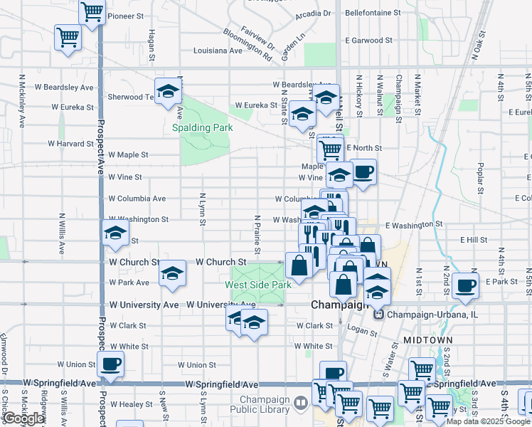 map of restaurants, bars, coffee shops, grocery stores, and more near 310 West Washington Street in Champaign