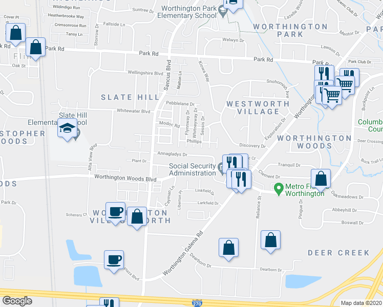 map of restaurants, bars, coffee shops, grocery stores, and more near 884 Annagladys Drive in Columbus