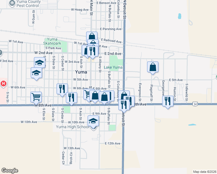 map of restaurants, bars, coffee shops, grocery stores, and more near 520 South Buffalo Street in Yuma