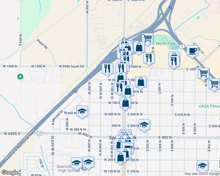 map of restaurants, bars, coffee shops, grocery stores, and more near 136 West 800 North in Spanish Fork