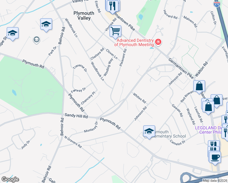 map of restaurants, bars, coffee shops, grocery stores, and more near 132 Pleasant Road in Plymouth Meeting