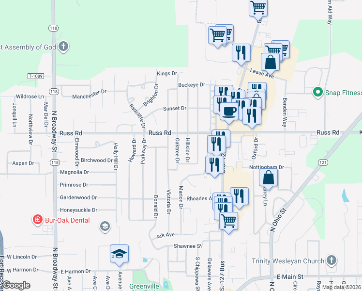 map of restaurants, bars, coffee shops, grocery stores, and more near 1284 Hillside Dr in Greenville
