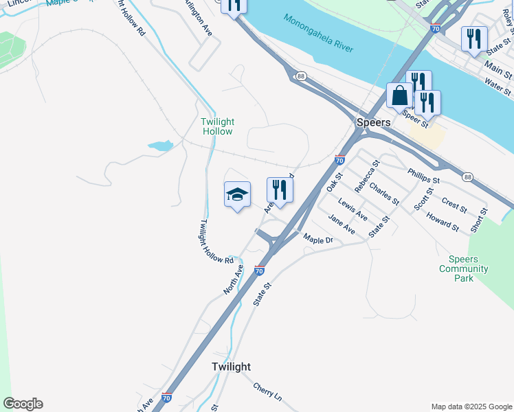 map of restaurants, bars, coffee shops, grocery stores, and more near 1 Guttman Avenue in Charleroi