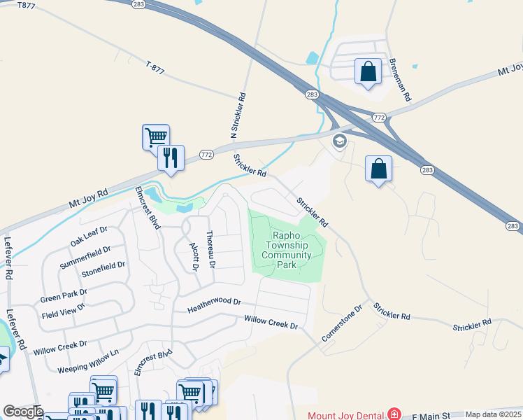 map of restaurants, bars, coffee shops, grocery stores, and more near 1542 Emerson Drive in Mount Joy