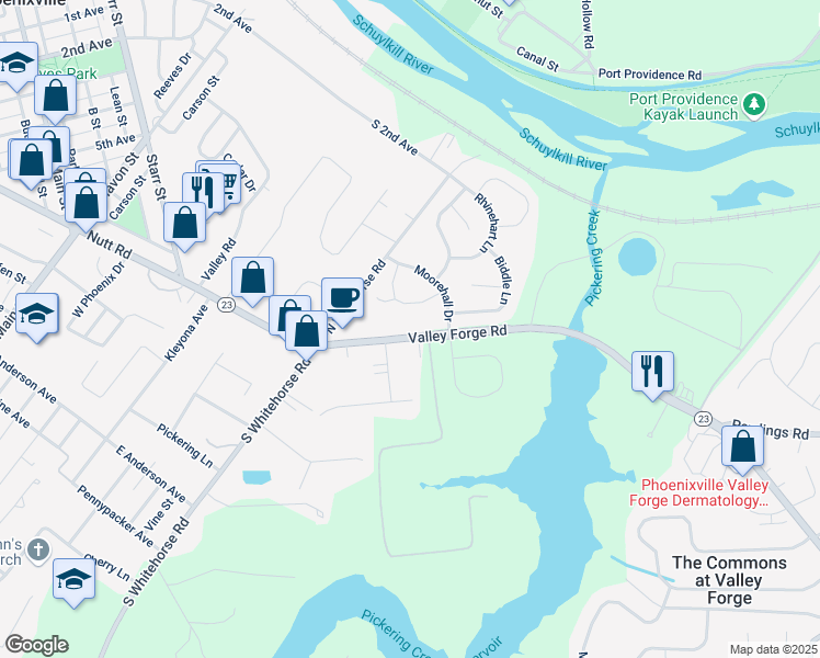 map of restaurants, bars, coffee shops, grocery stores, and more near 919 Valley Forge Road in Phoenixville
