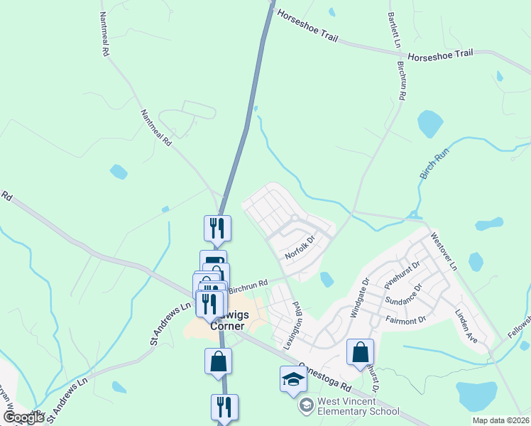 map of restaurants, bars, coffee shops, grocery stores, and more near 218 Hanover Court in Glenmoore