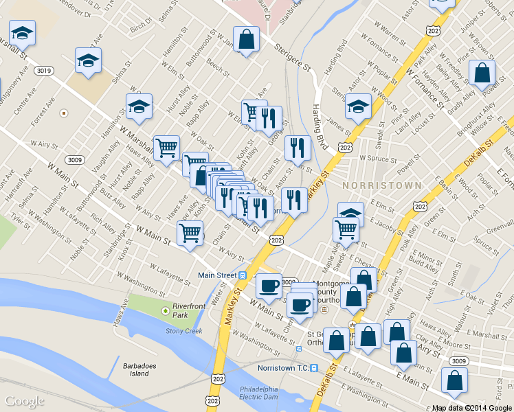 map of restaurants, bars, coffee shops, grocery stores, and more near 637 Astor Street in Norristown