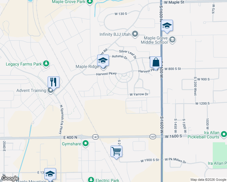 map of restaurants, bars, coffee shops, grocery stores, and more near 2142 West Yarrow Drive in Mapleton