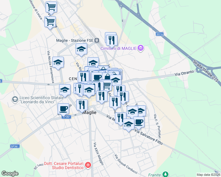 map of restaurants, bars, coffee shops, grocery stores, and more near 40 Via Indipendenza in Maglie