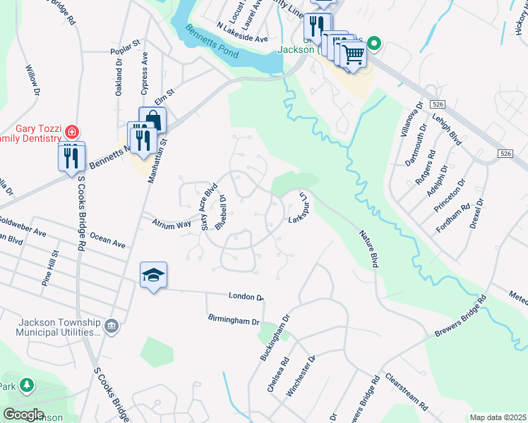 map of restaurants, bars, coffee shops, grocery stores, and more near 410 Owl's Nest Court in Jackson Township