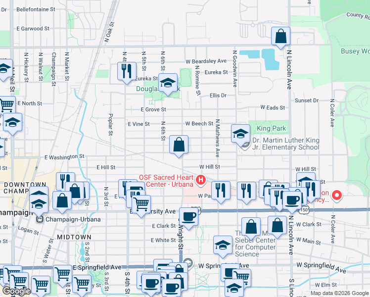 map of restaurants, bars, coffee shops, grocery stores, and more near 1412 West Beslin Street in Urbana