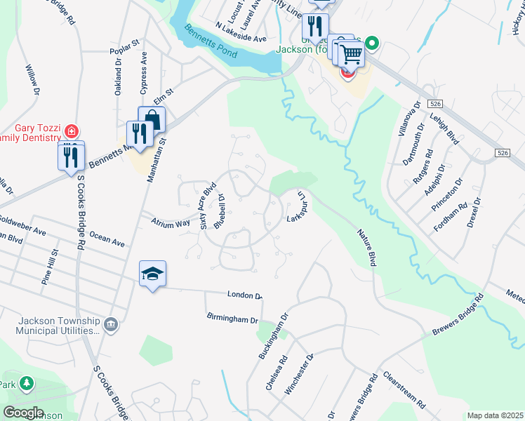 map of restaurants, bars, coffee shops, grocery stores, and more near 410 Owl's Nest Court in Jackson Township