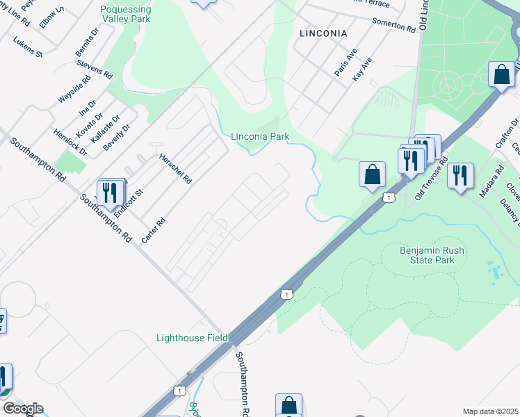 map of restaurants, bars, coffee shops, grocery stores, and more near 15121 Sunflower Drive in Philadelphia