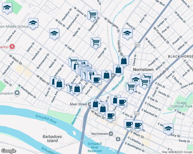 map of restaurants, bars, coffee shops, grocery stores, and more near 637 Astor Street in Norristown