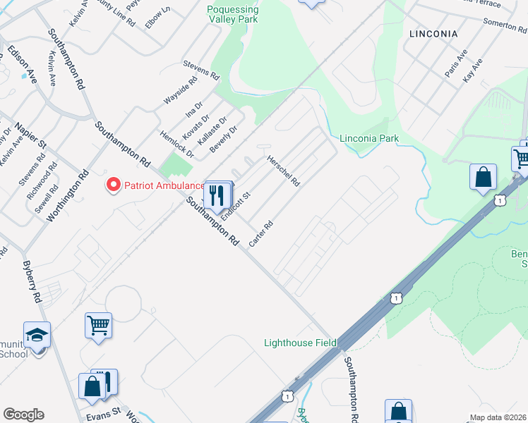 map of restaurants, bars, coffee shops, grocery stores, and more near 15025 Milford St in Philadelphia