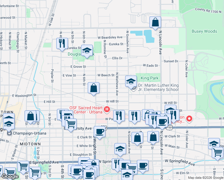 map of restaurants, bars, coffee shops, grocery stores, and more near 1306 West Beslin Street in Urbana
