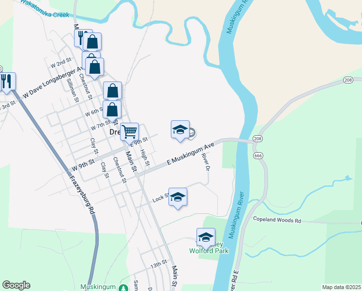 map of restaurants, bars, coffee shops, grocery stores, and more near 46 East Muskingum Avenue in Dresden