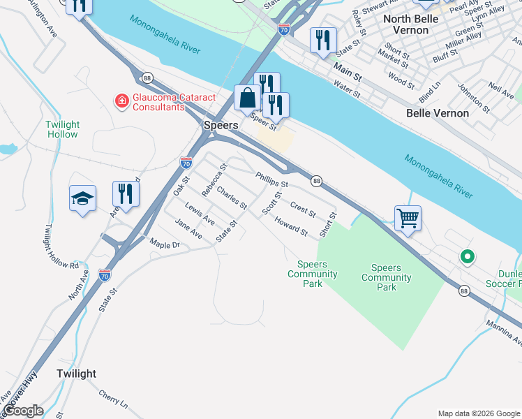 map of restaurants, bars, coffee shops, grocery stores, and more near 125 State Street in Charleroi