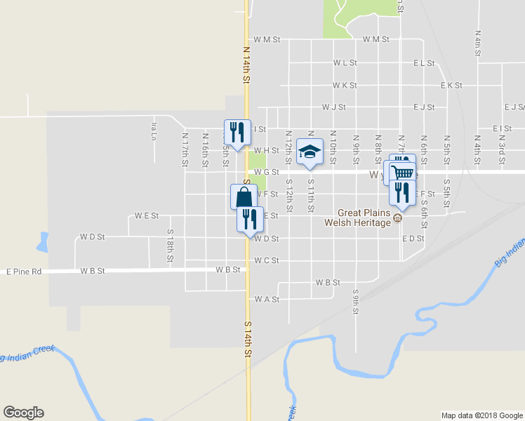 map of restaurants, bars, coffee shops, grocery stores, and more near 219 South 13th Street in Wymore