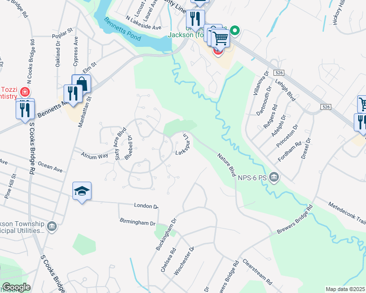 map of restaurants, bars, coffee shops, grocery stores, and more near 604 Larkspur Lane in Jackson Township