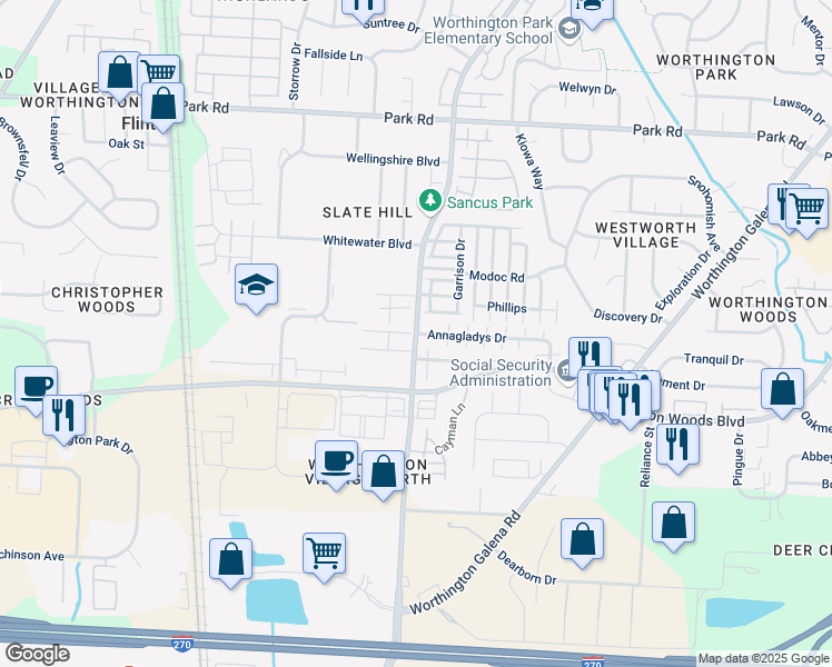 map of restaurants, bars, coffee shops, grocery stores, and more near Sancus Blvd & Annagladys Dr in Columbus