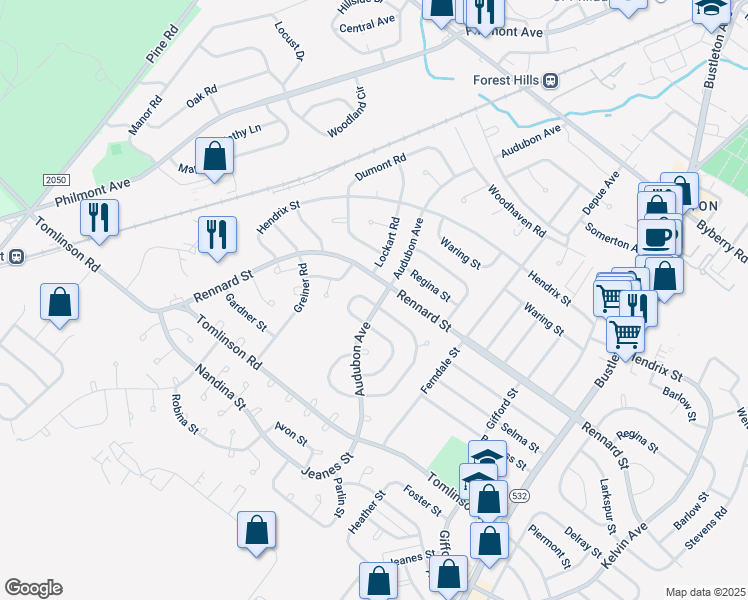 map of restaurants, bars, coffee shops, grocery stores, and more near 11300 Audubon Avenue in Philadelphia