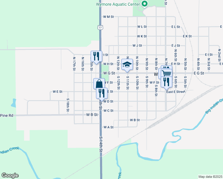 map of restaurants, bars, coffee shops, grocery stores, and more near 219 South 13th Street in Wymore